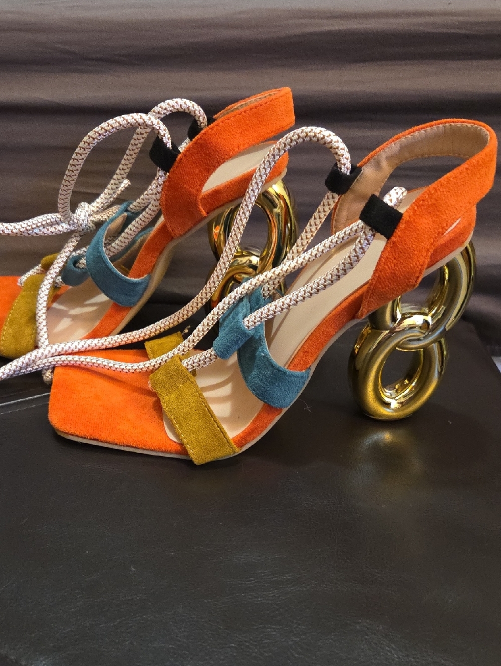 Women's Orange Suede Strappy High Heel Sandals with Gold Accent 6.5